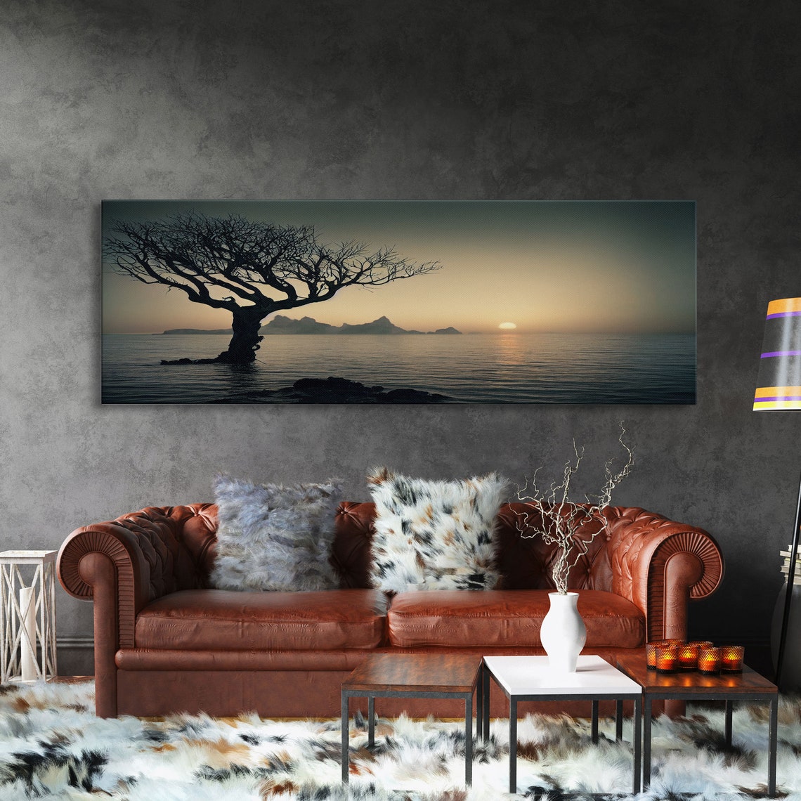 Lone Tree Silhouette Over Ocean At Golden Sunset Panoramic Print - Image 3