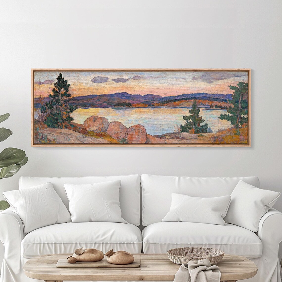 Moody Lake Sunset Golden Sky Rocky Shore Pines Oil Painting Poster - Image 5