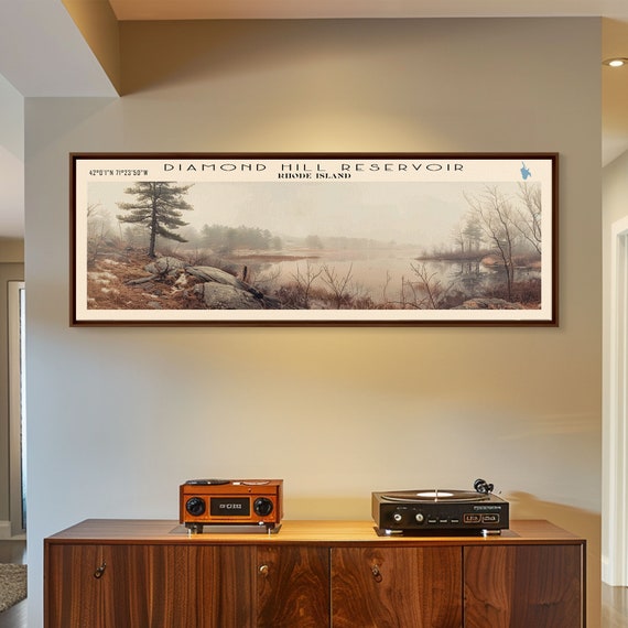 Diamond Hill Reservoir Rhode Island Framed Print Panoramic Lake House Decor Wall Art Travel Poster Rustic Lake Painting Nature Art