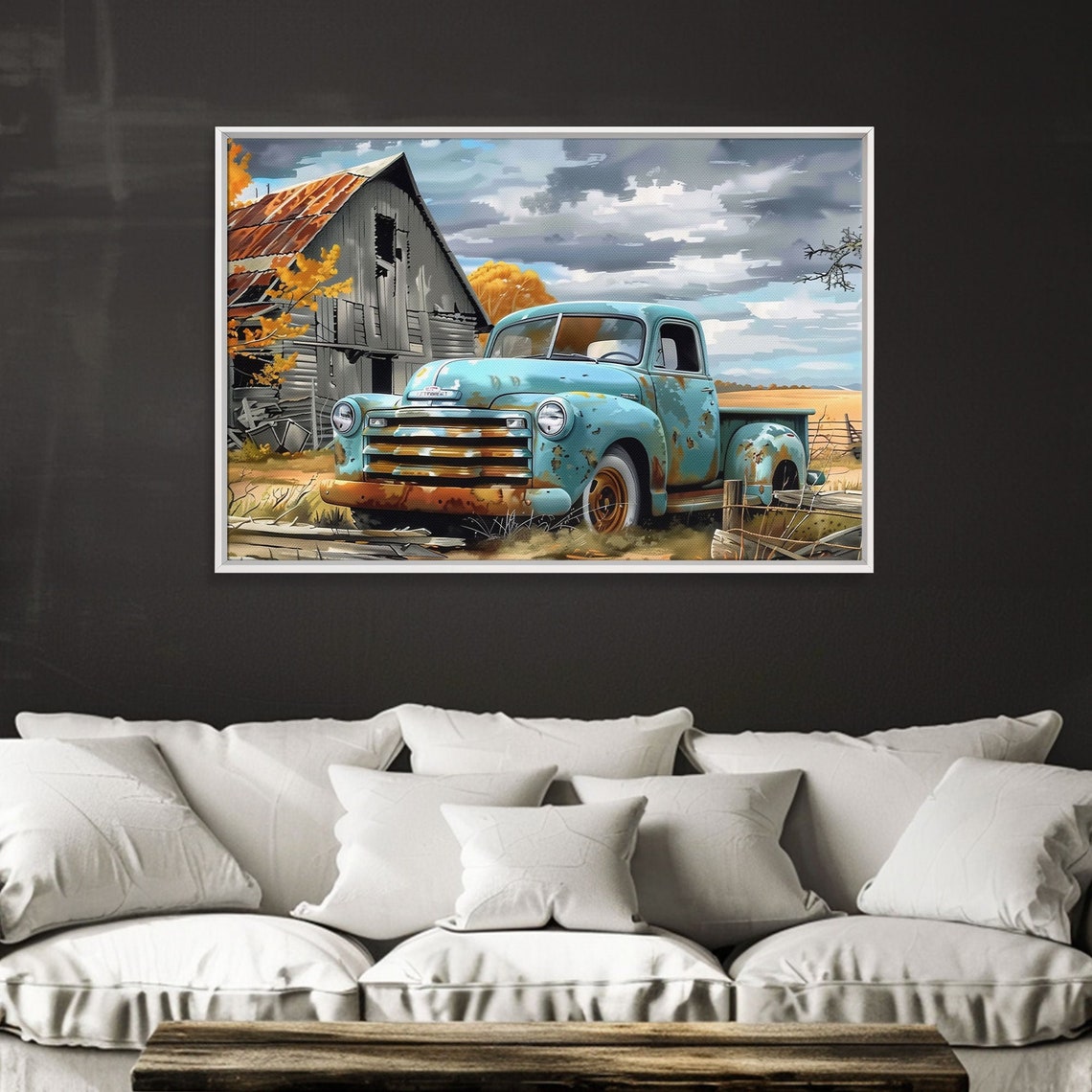 Rusty Teal Vintage Pickup Truck Old Barn Wheat Field Country Art Print - Image 5