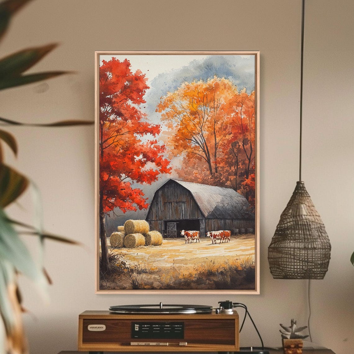 Rustic Barn With Hay Bales And Cows In Fiery Fall Foliage Poster - Image 2