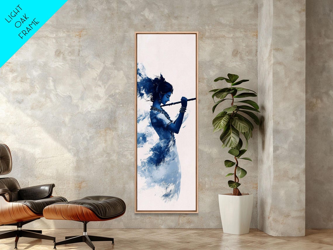 Krishna Playing Flute Blue Watercolor Hindu Devotional Art Poster - Image 2
