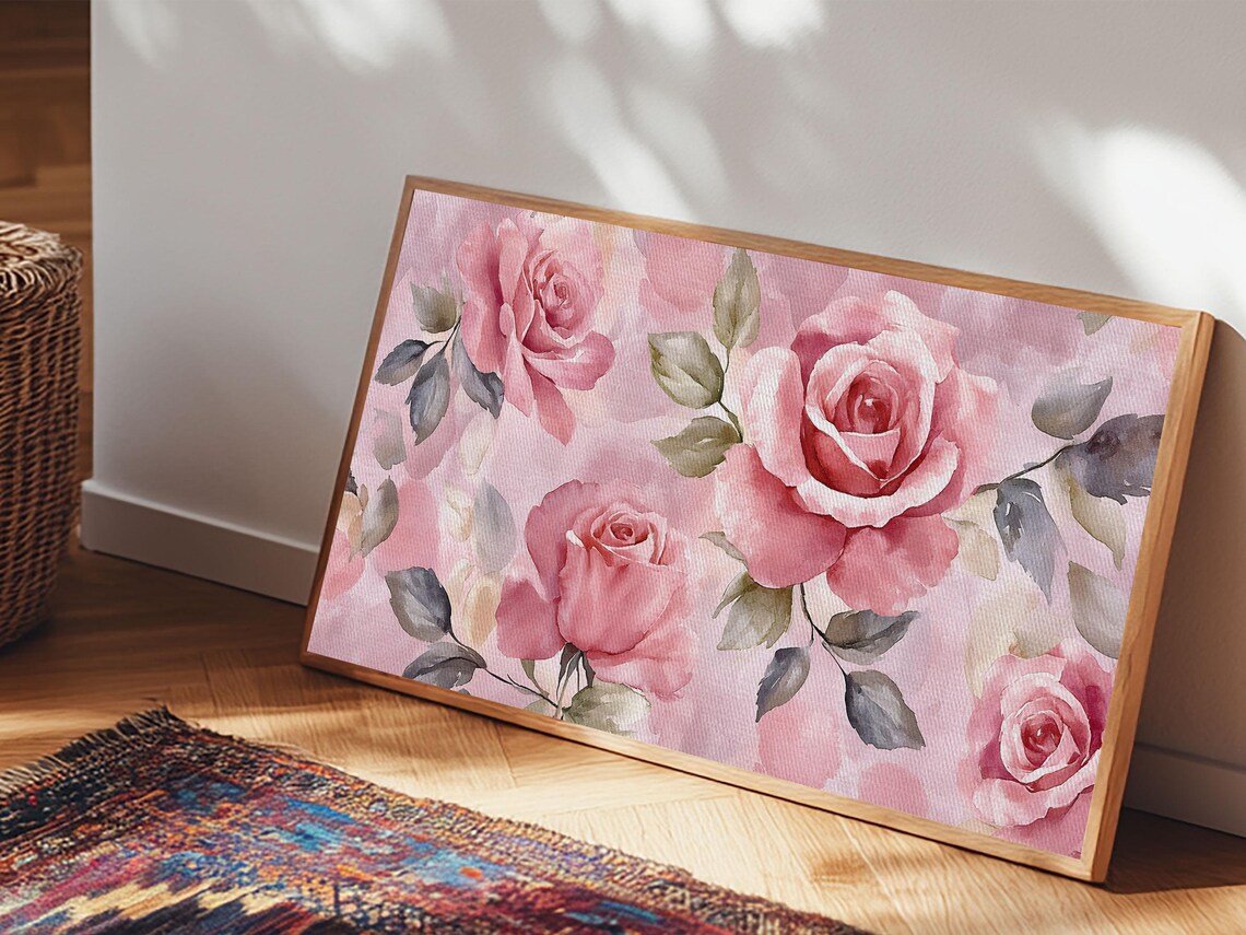 Soft Pink Roses Grey Green Leaves Watercolor Floral Wall Poster - Image 5