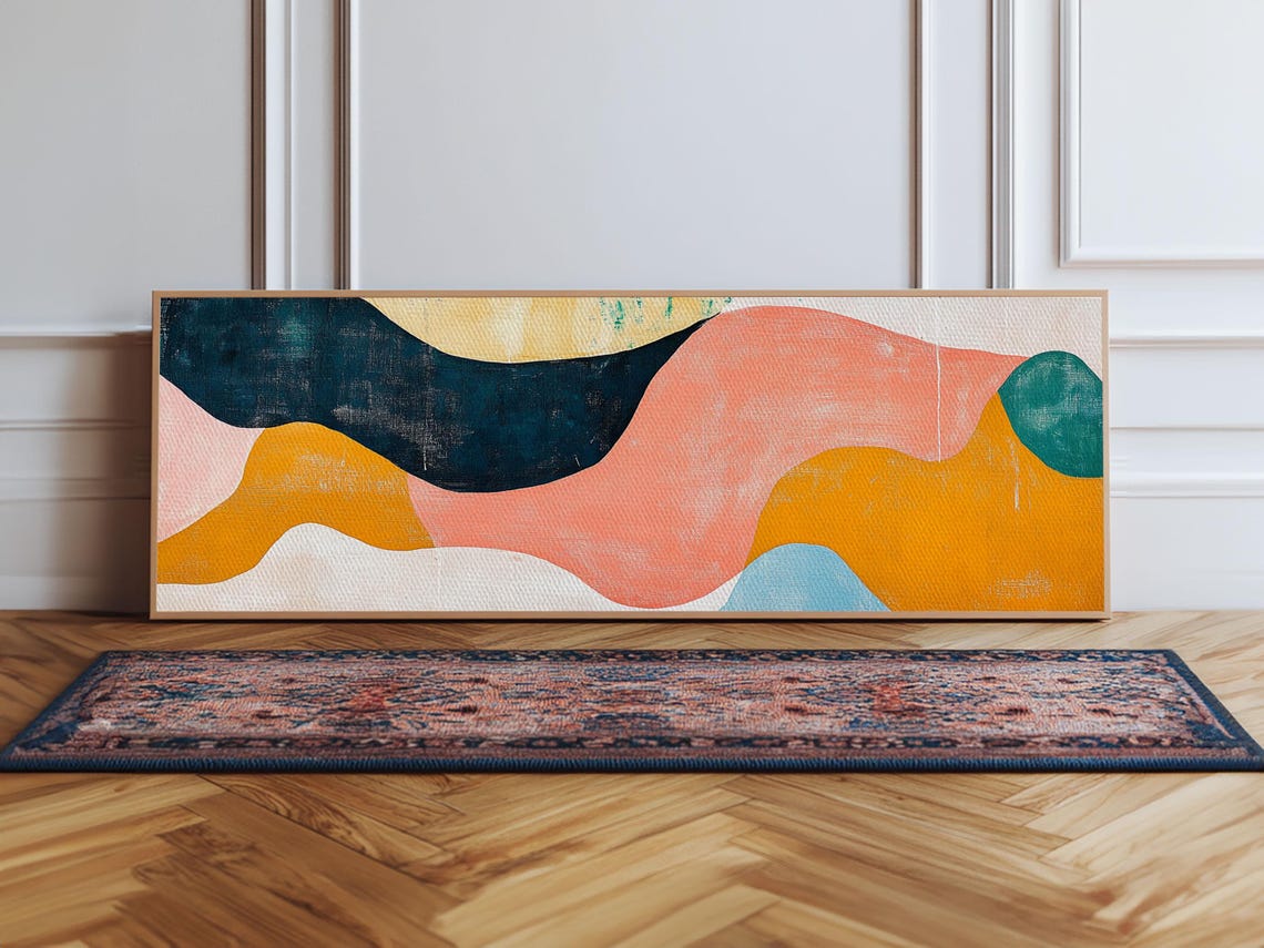 Abstract Wavy Shapes Art Navy Coral Mustard Colorful Modern Poster - Image 3