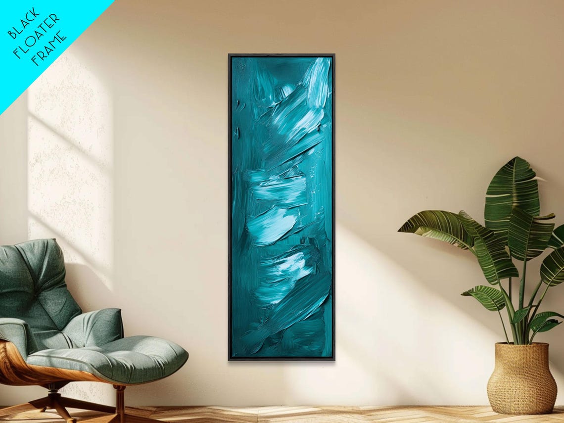 Textured Brushstroke Framed Print In Bold Teal Geometric Wall Art Vertical Wall Art Coastal Decor Bedroom Art Gift Idea