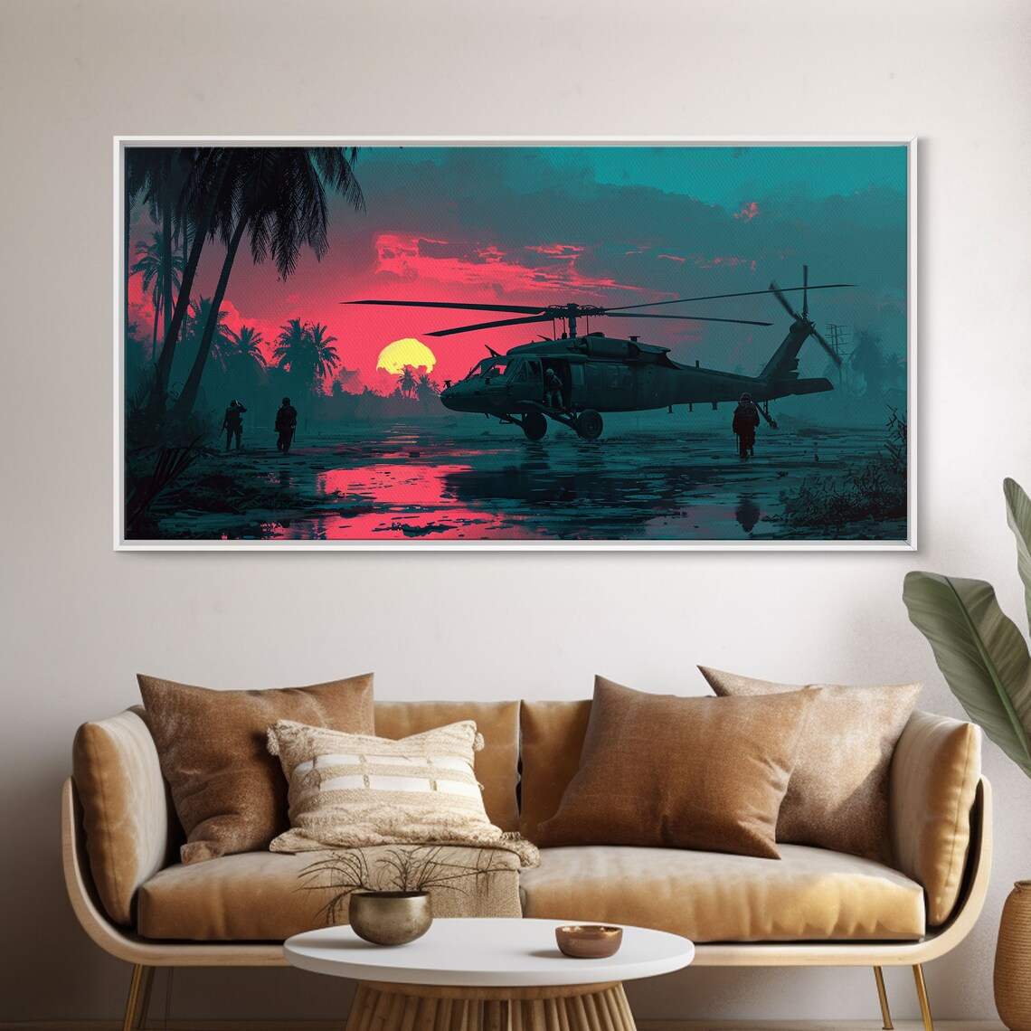 Blackhawk Helicopter Synthwave Sunset Art Print