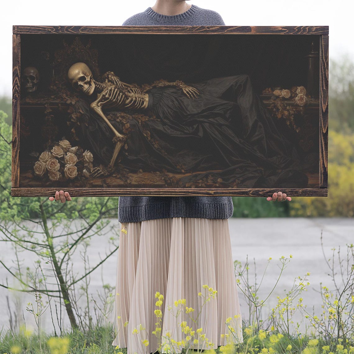 Reclining Skeleton Among Roses In Dark Romantic Gothic Art Poster - Image 2