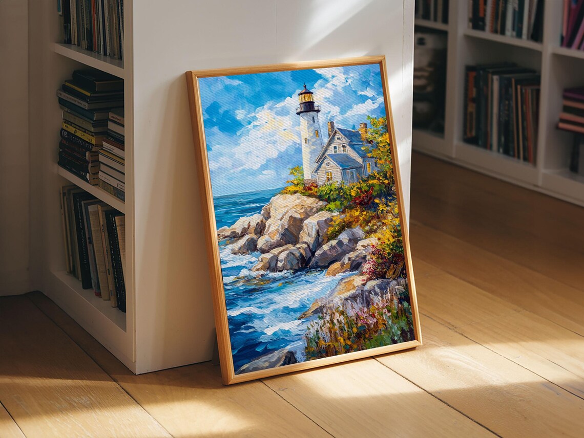 Maine Lighthouse Rocky Coast Waves Blue Sky Coastal Painting Art Poster - Image 4