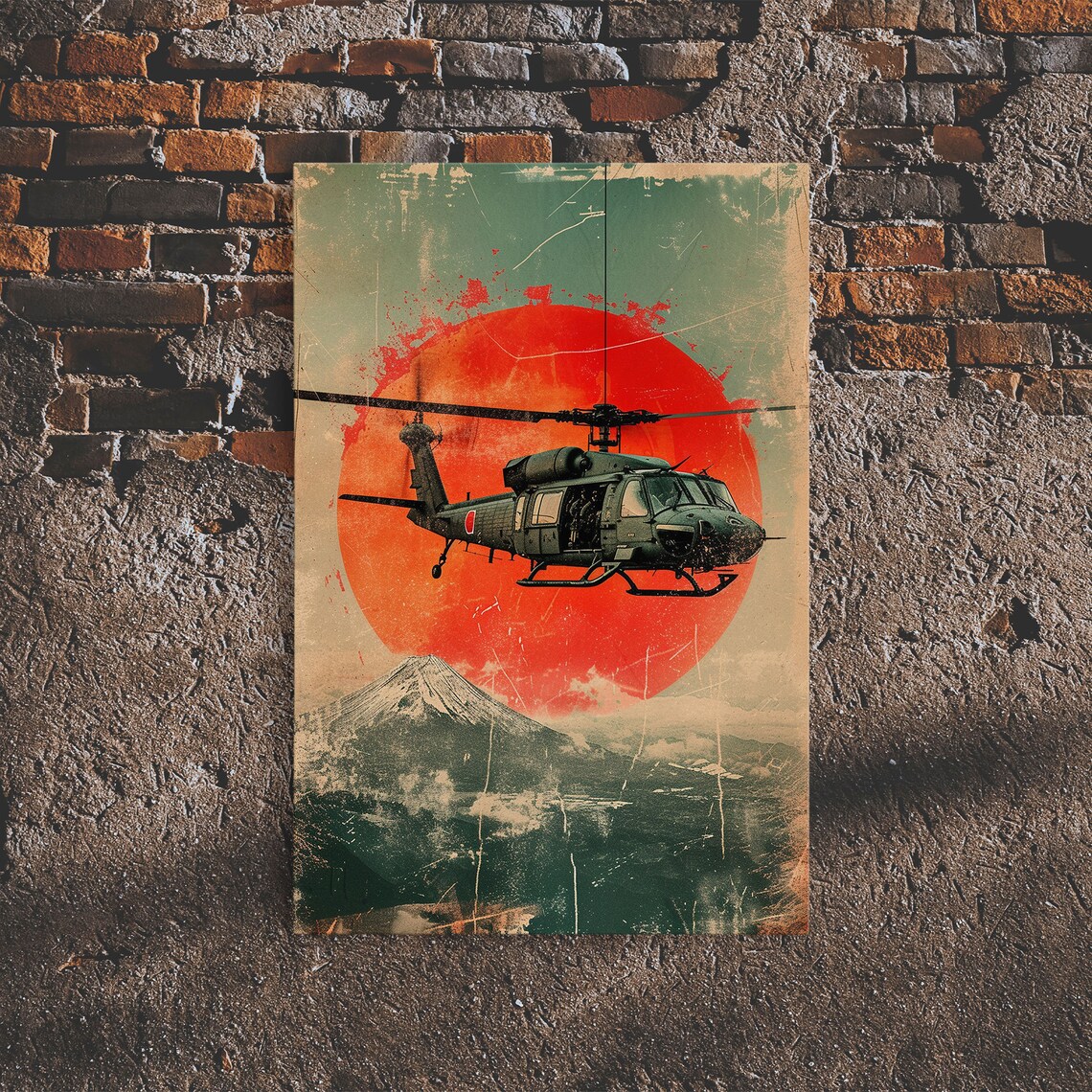 Vintage Huey Helicopter Rising Sun Volcano Retro Military Poster