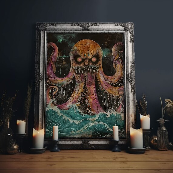 Giant Octopus Sea Monster Glowing Eyes Teal Waves Art Poster