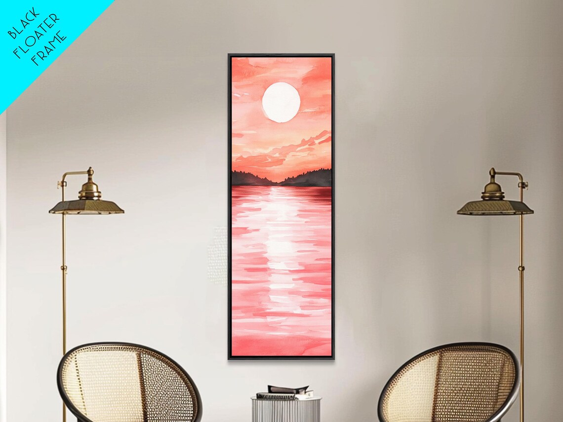 Coral Sunset Ocean Watercolor Painting Big Sun Seascape Vertical Poster - Image 5