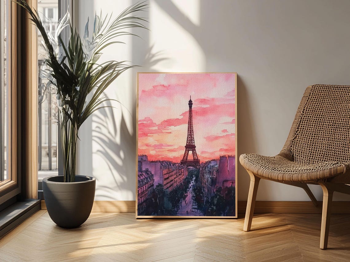 Eiffel Tower Sunset Paris Street Watercolor Romantic Skyline Poster