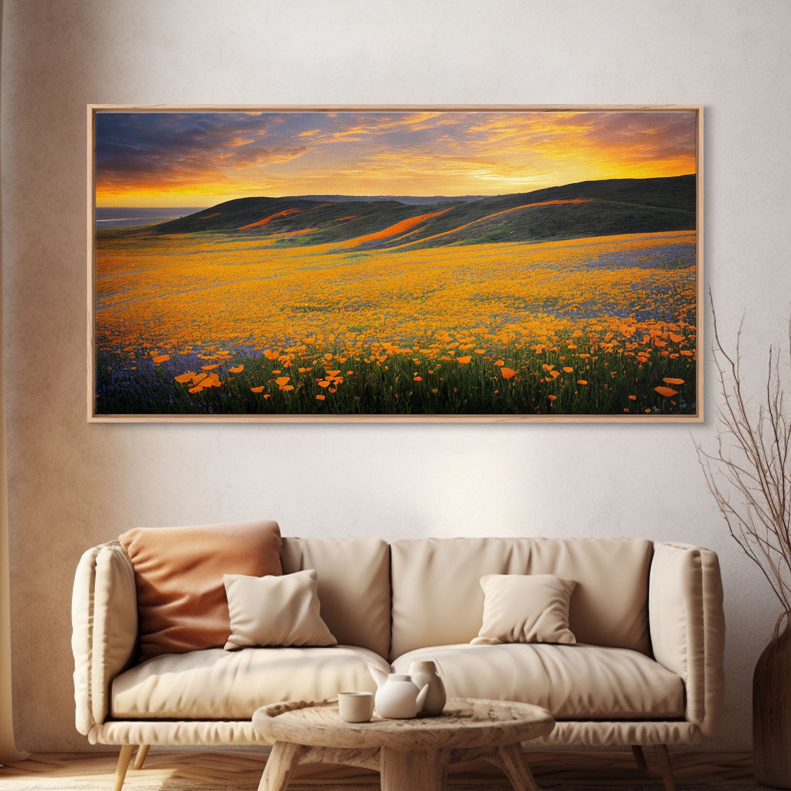 Orange Poppy Field Rolling Hills At Sunset Golden Hour Panorama Print - Image 4