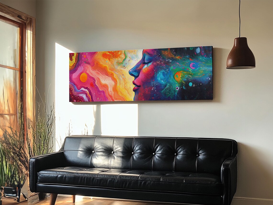 Cosmic Woman Profile Panoramic Galaxy Neon Fluid Abstract Face Art Poster - Image 2
