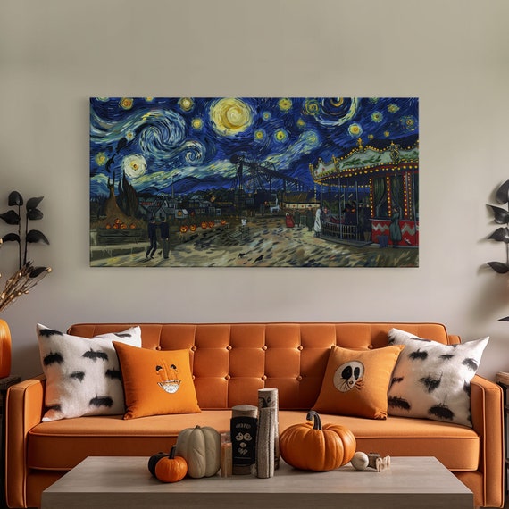 Spooky Haunted Carnival Framed Print Starry Night Inspired Spooky Season Wall Art Halloween Prop