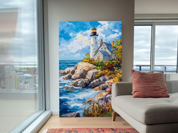 Maine Lighthouse Rocky Coast Waves Blue Sky Coastal Painting Art Poster