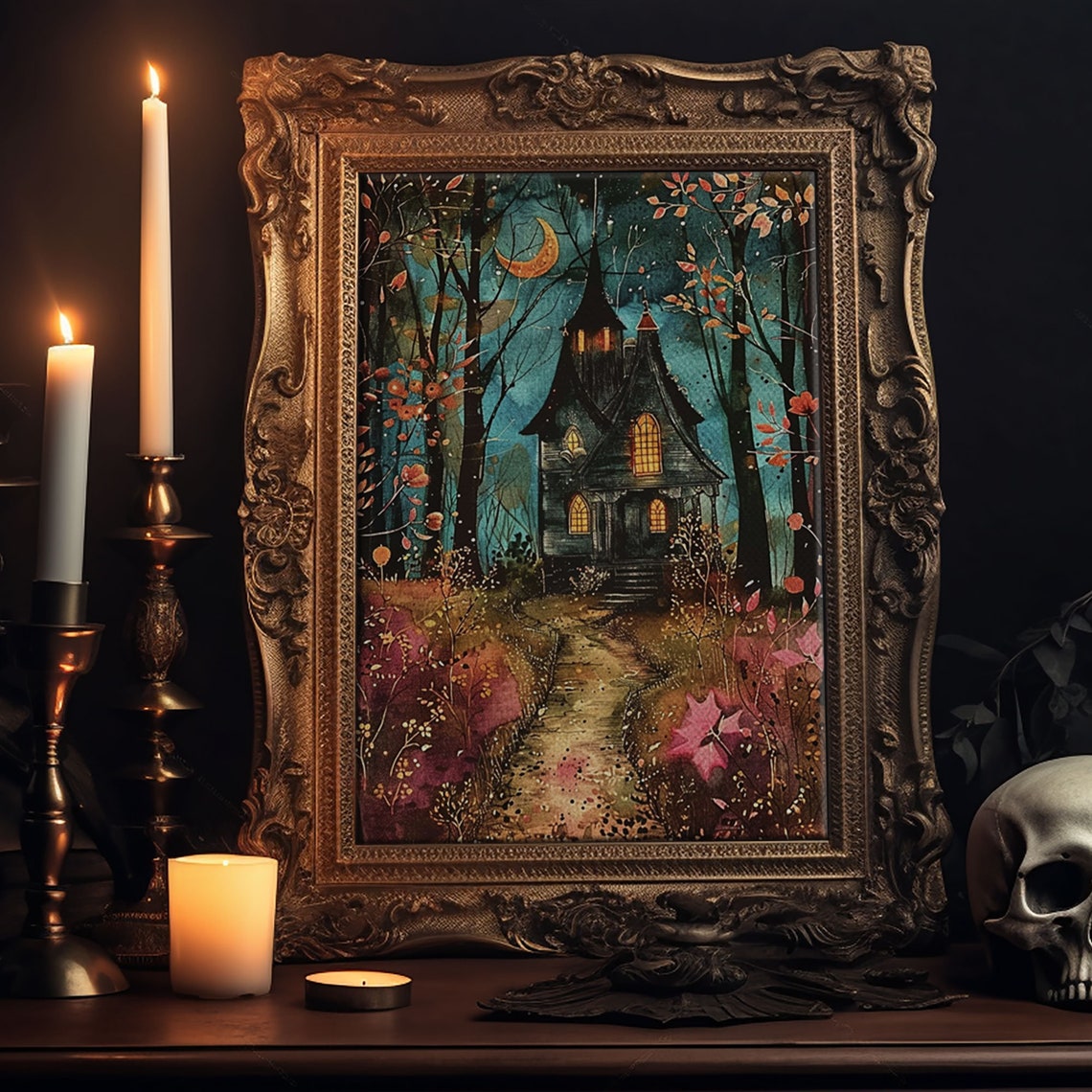 Enchanted Forest Pathway Witch Cottage Crescent Moon Art Poster - Image 6