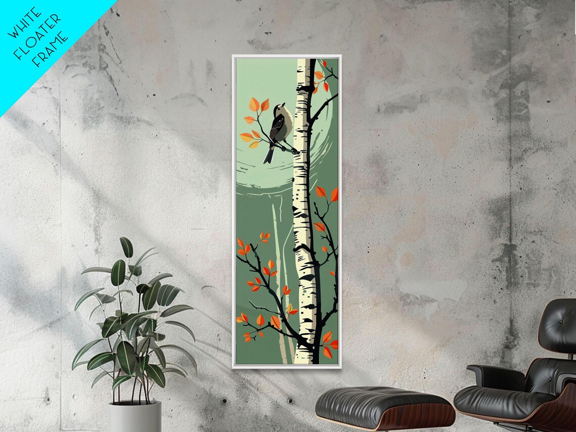 Songbird On Birch Tree Autumn Orange Leaves Vertical Art Print - Image 2