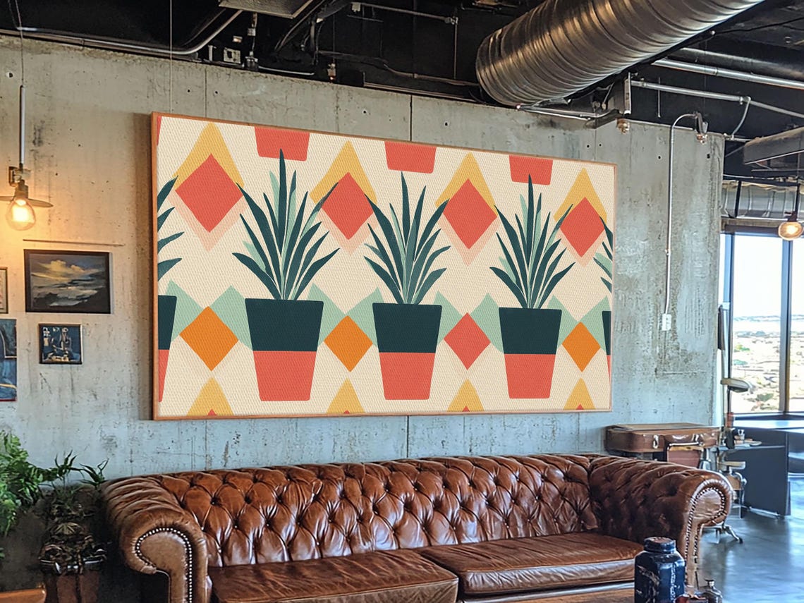 Mid Century Botanical Potted Agave Plants Geometric Pattern Print