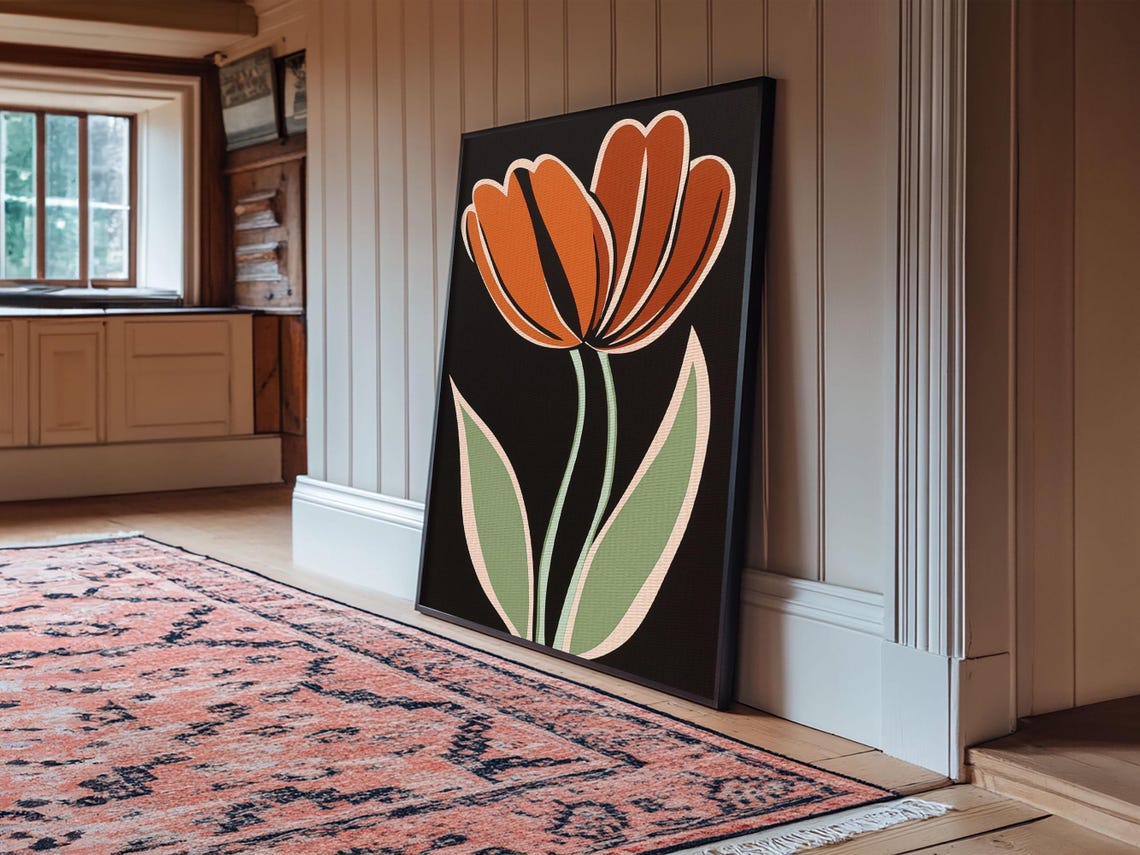 Orange Tulip With Black Background Framed Print Cute Floral Print Botanical Minimalist Home Decor - Image 2