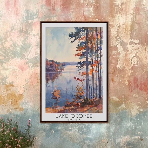 Lake Oconee Georgia Framed Print Watercolor Landscape Travel Poster Boho Decor Wall Art Living Room Art Handmade Gift