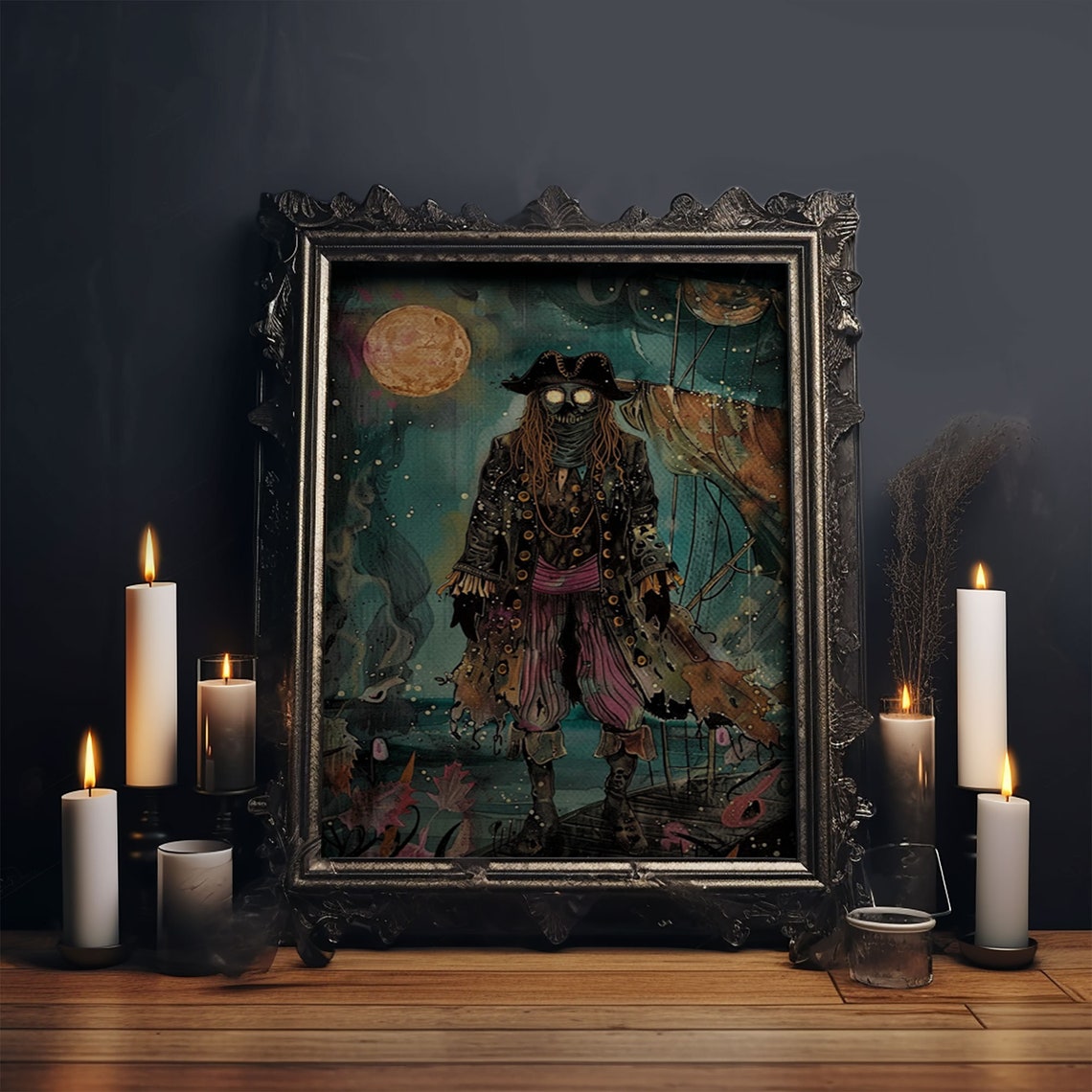 Ghost Pirate Glowing Eyes Full Moon Ship Halloween Art Poster - Image 5