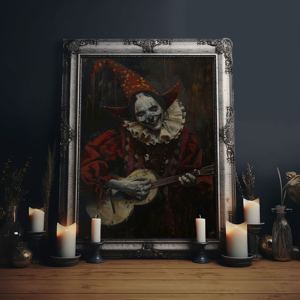 Creepy Clown Playing Guitar Dark Circus Horror Portrait Art Poster