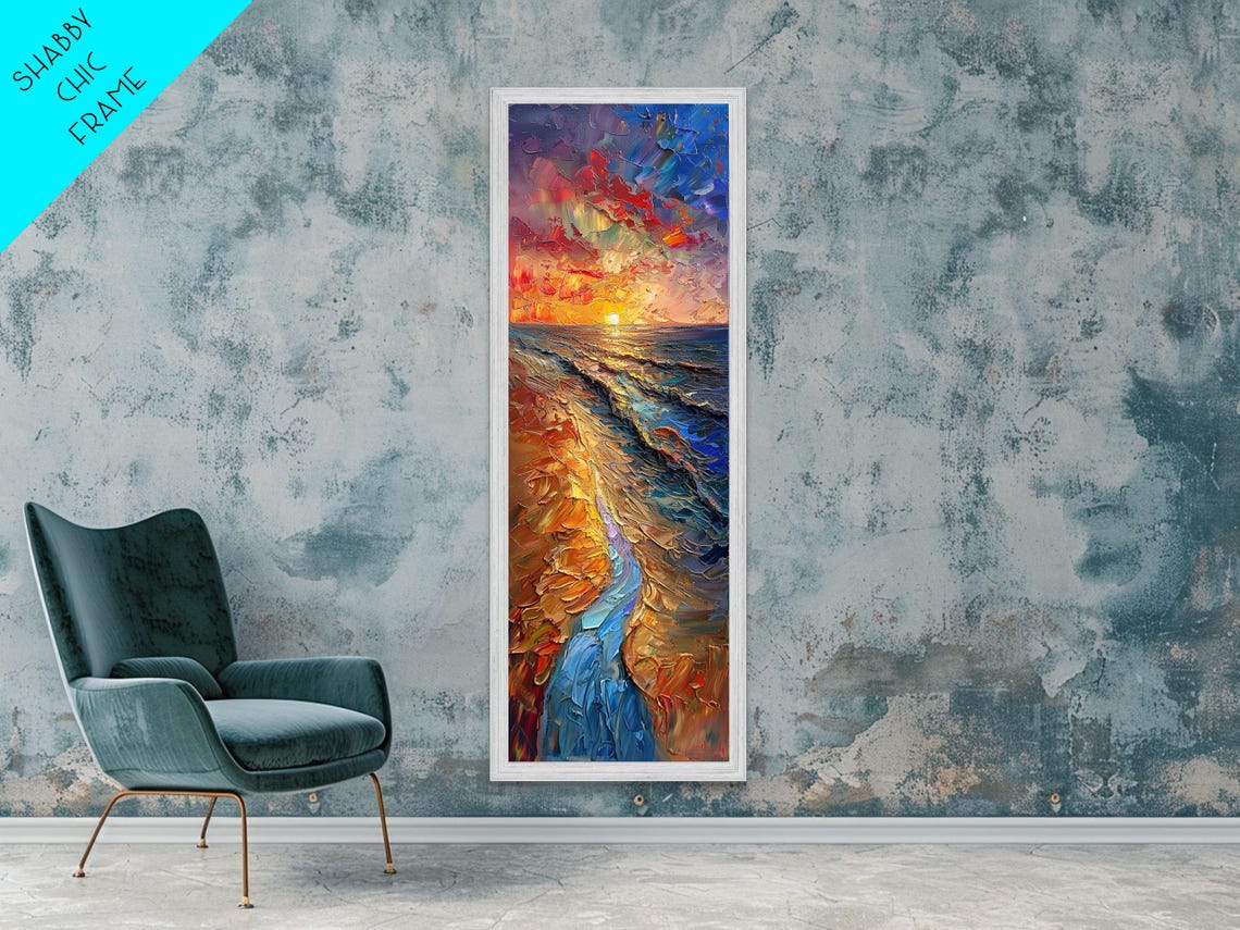 Ocean Sunset Impasto Painting Golden Purple Waves Sky Tall Poster - Image 4