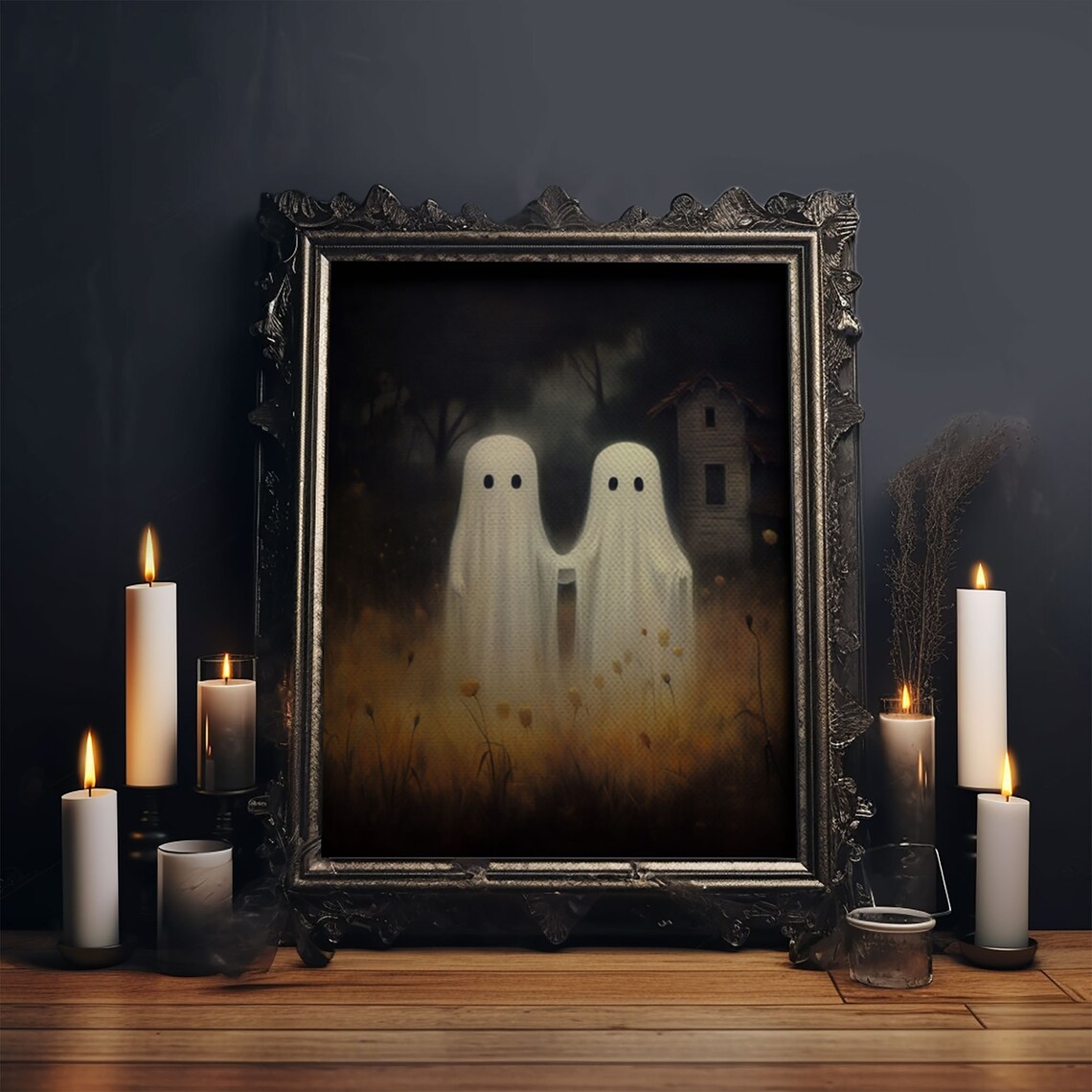Cute Ghost Couple In Moonlit Farmhouse Field Vintage Halloween Print - Image 5