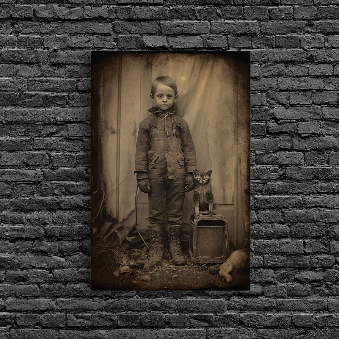 Creepy Vintage Photograph Boy Cat Eerie Antique Portrait Spooky Decor Poster