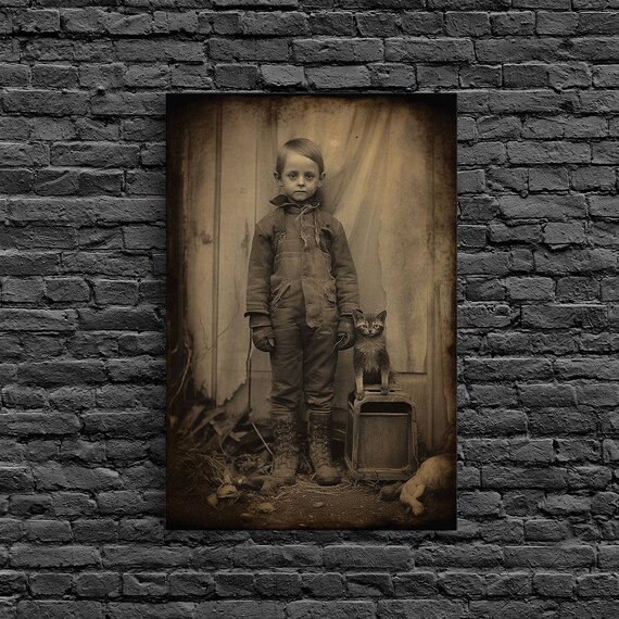Creepy Vintage Photograph Boy Cat Eerie Antique Portrait Spooky Decor Poster