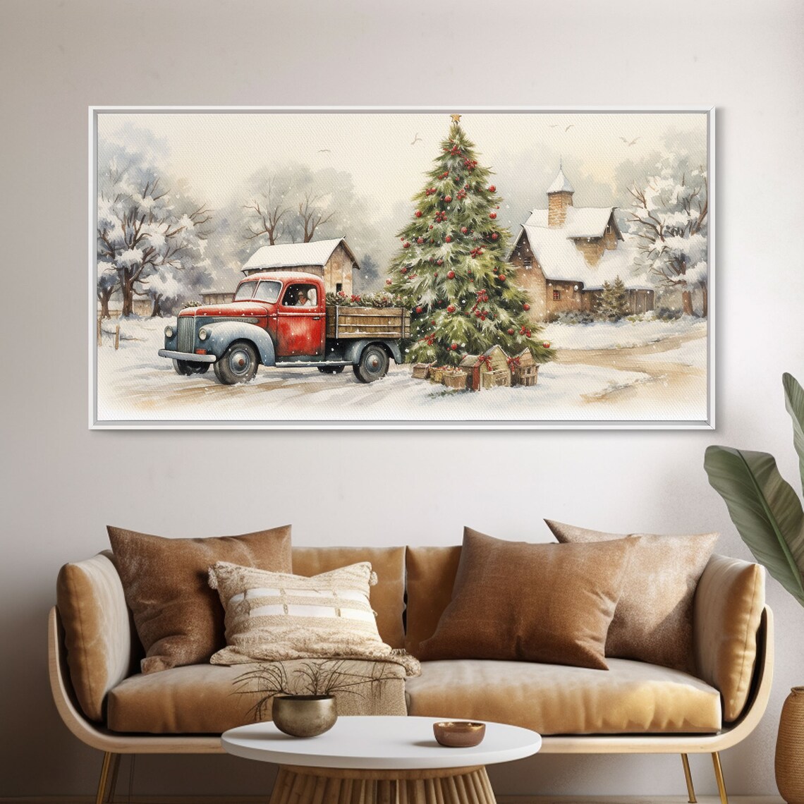 Vintage Red Truck Christmas Tree Farmhouse Art Print