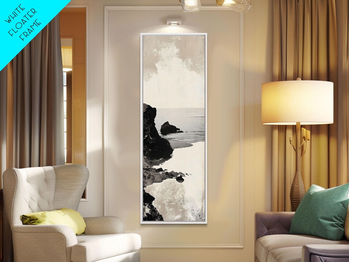 Black White Coastal Rocks Abstract Seascape Minimalist Nautical Vertical Poster