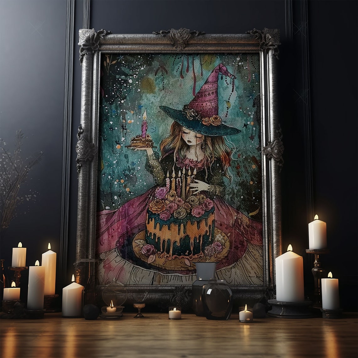 Witch Birthday Party Cake Candles Cute Whimsical Watercolor Poster - Image 5