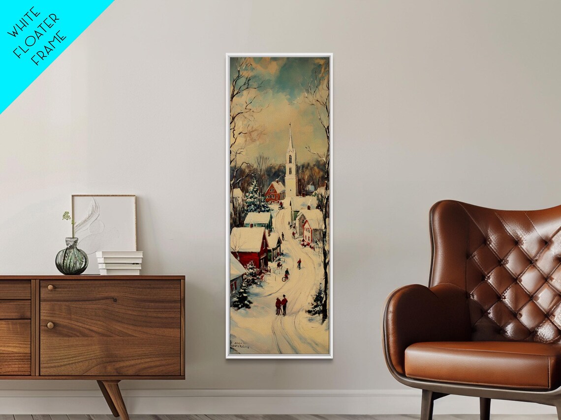 Snowy Village Church Steeple Winter Stroll Vintage Christmas Poster - Image 6