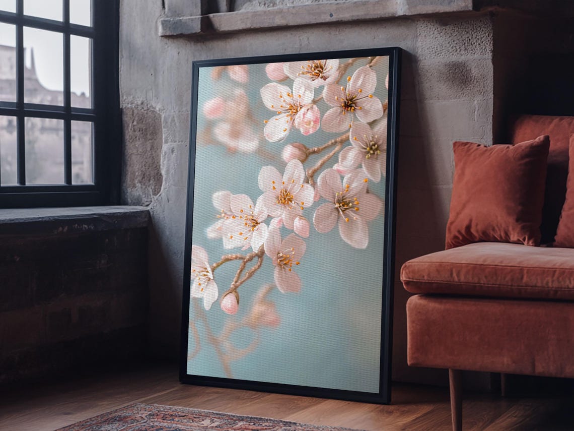 Delicate Cherry Blossom Branch Soft Blue Spring Floral Wall Art Poster - Image 6