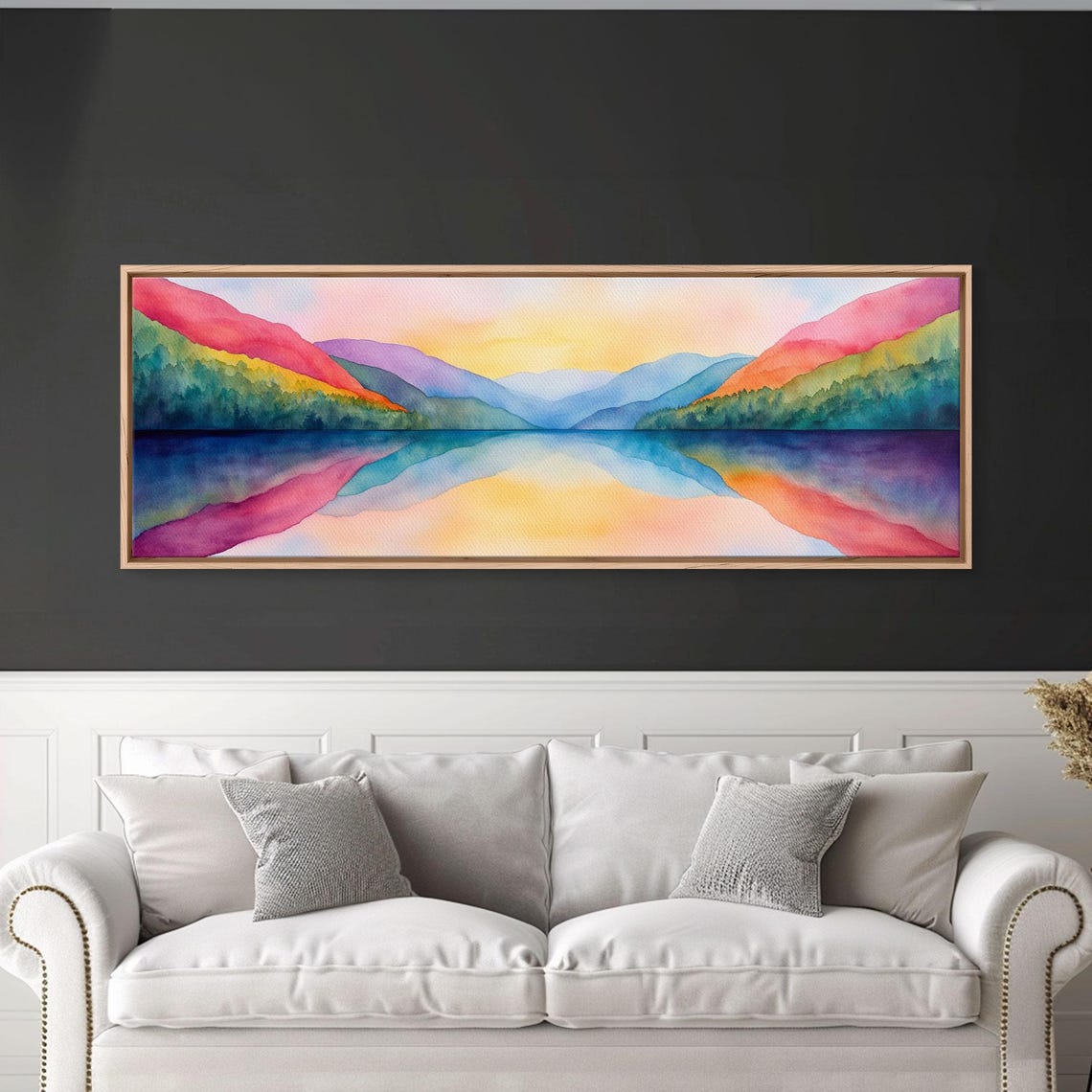 Rainbow Watercolor Mountain Lake Sunset Panoramic Colorful Poster - Image 4