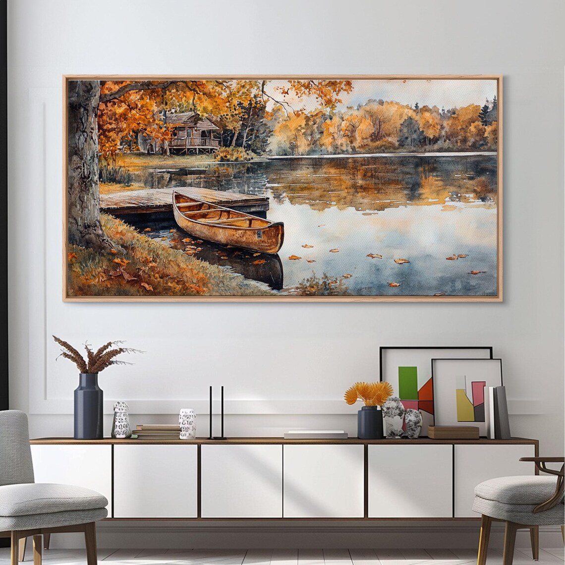 Autumn Canoe On Golden Lake Shore Cabin Woods Watercolor Art Print - Image 5