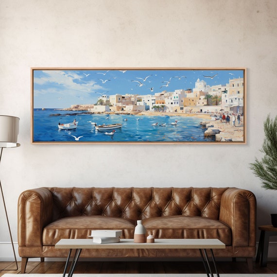 Moroccan Fishing Vilage At Sunset Panoramic Print Watercolor Painting Framed Print Wall Art Guest Room Decor Above Sofa Art