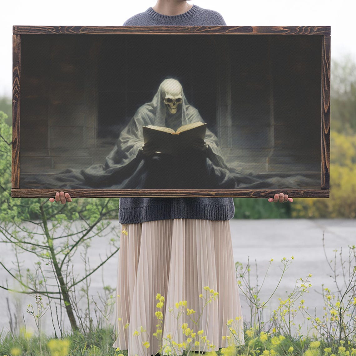 Grim Reaper Reading Book Haunted Library Dark Skeleton Art Poster - Image 2