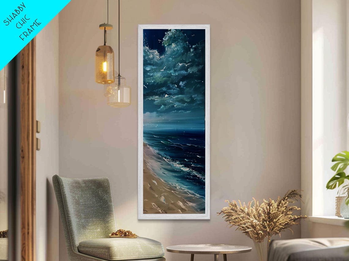 Moonlit Ocean Waves On Sandy Beach At Night Deep Blue Seascape Poster - Image 3
