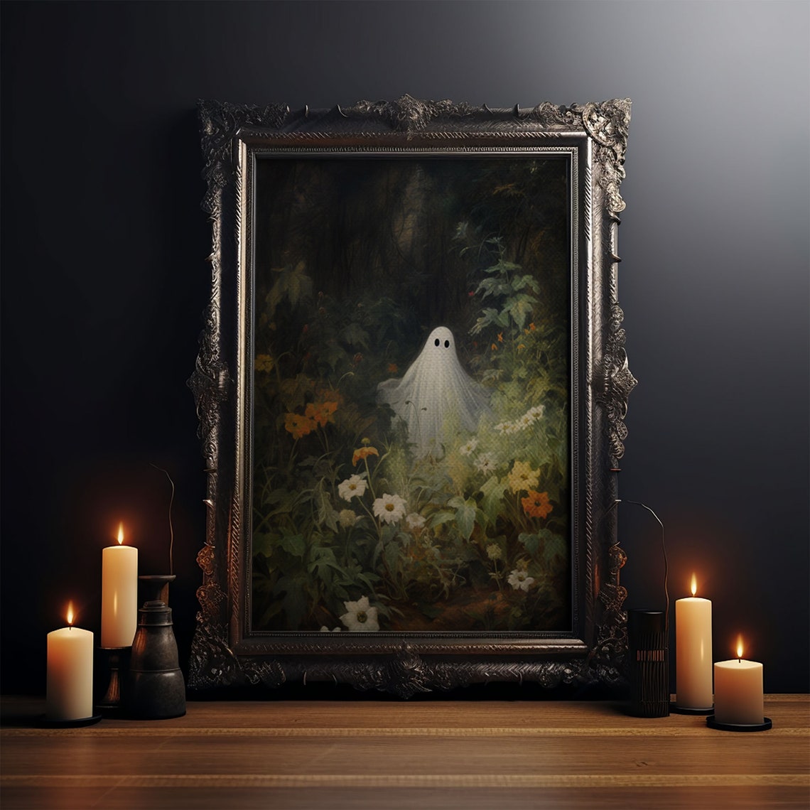 Little Ghost Among Wildflowers In Dark Enchanted Forest Wall Art - Image 3