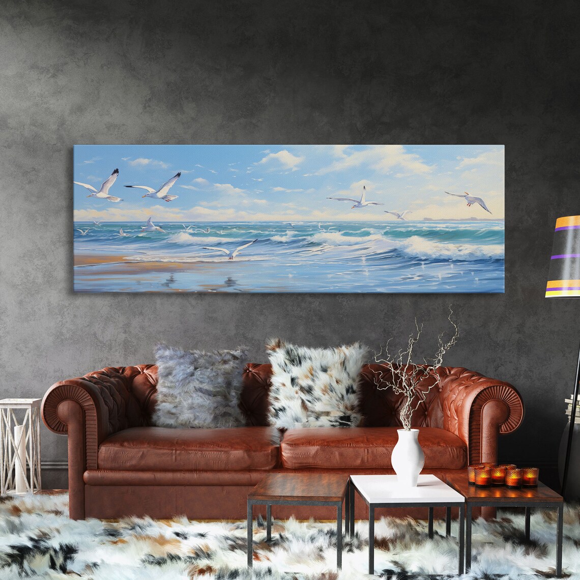 Blue Beach Ocean Waves and Seagulls Panoramic Art Print - Image 3