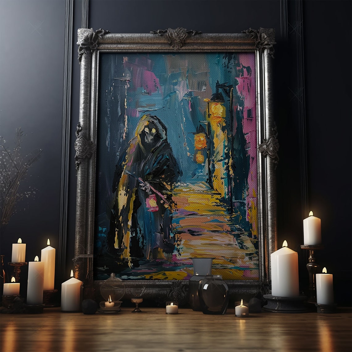 Grim Reaper Lantern Alley Abstract Colorful Painterly Horror Poster - Image 4