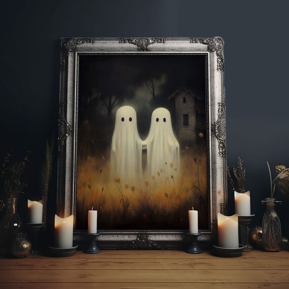 Cute Ghost Couple In Moonlit Farmhouse Field Vintage Halloween Print