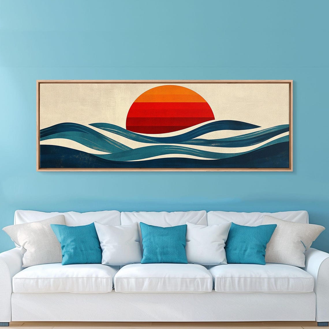 Retro Sunset Over Ocean Waves Teal Navy Vintage Style Travel Poster - Image 4
