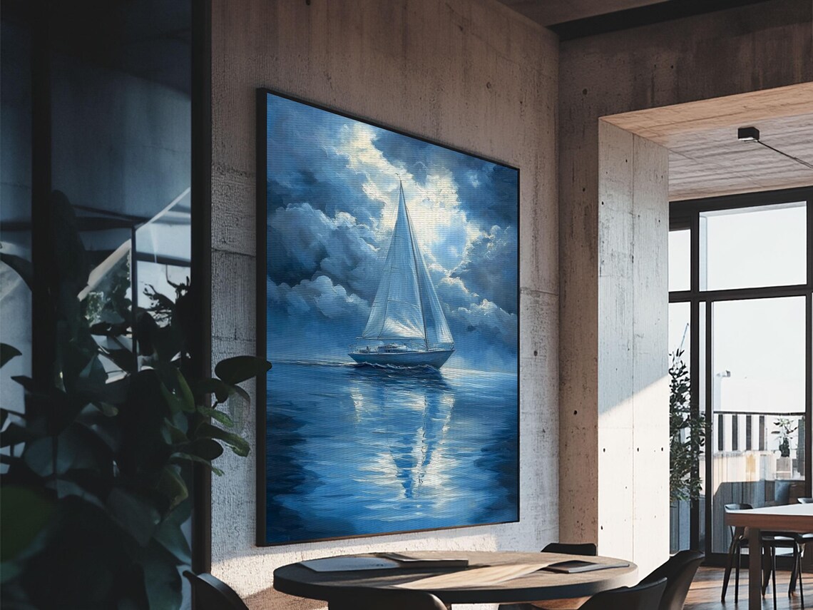 Sailboat Under Full Moon Night Sea Reflection Blue Painting Wall Art Print - Image 2