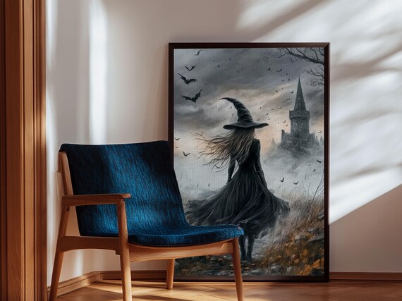 Gothic Witch Walking To Misty Castle Bats Dark Academia Art Print