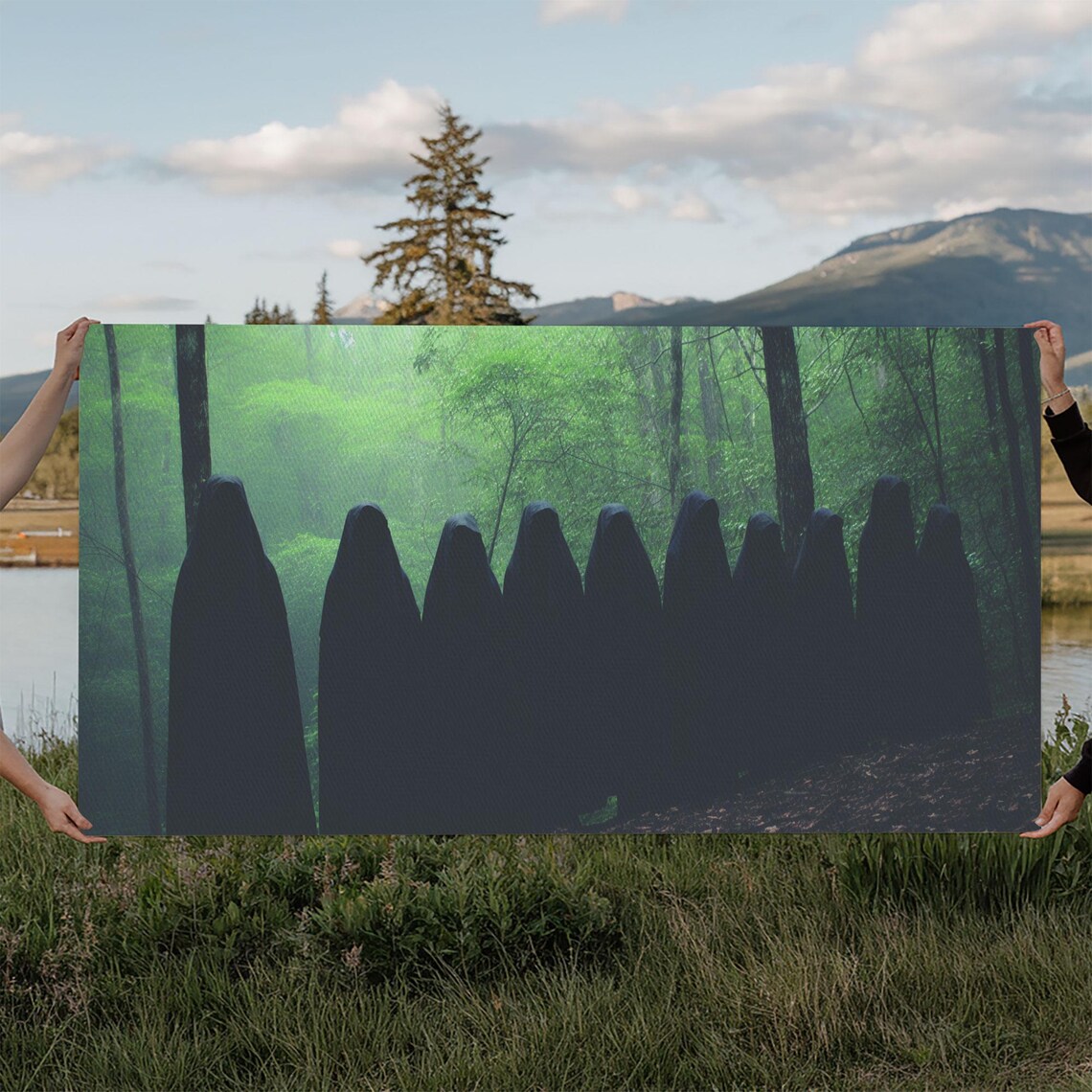 Hooded Cult Figures Standing In Misty Green Forest Halloween Poster