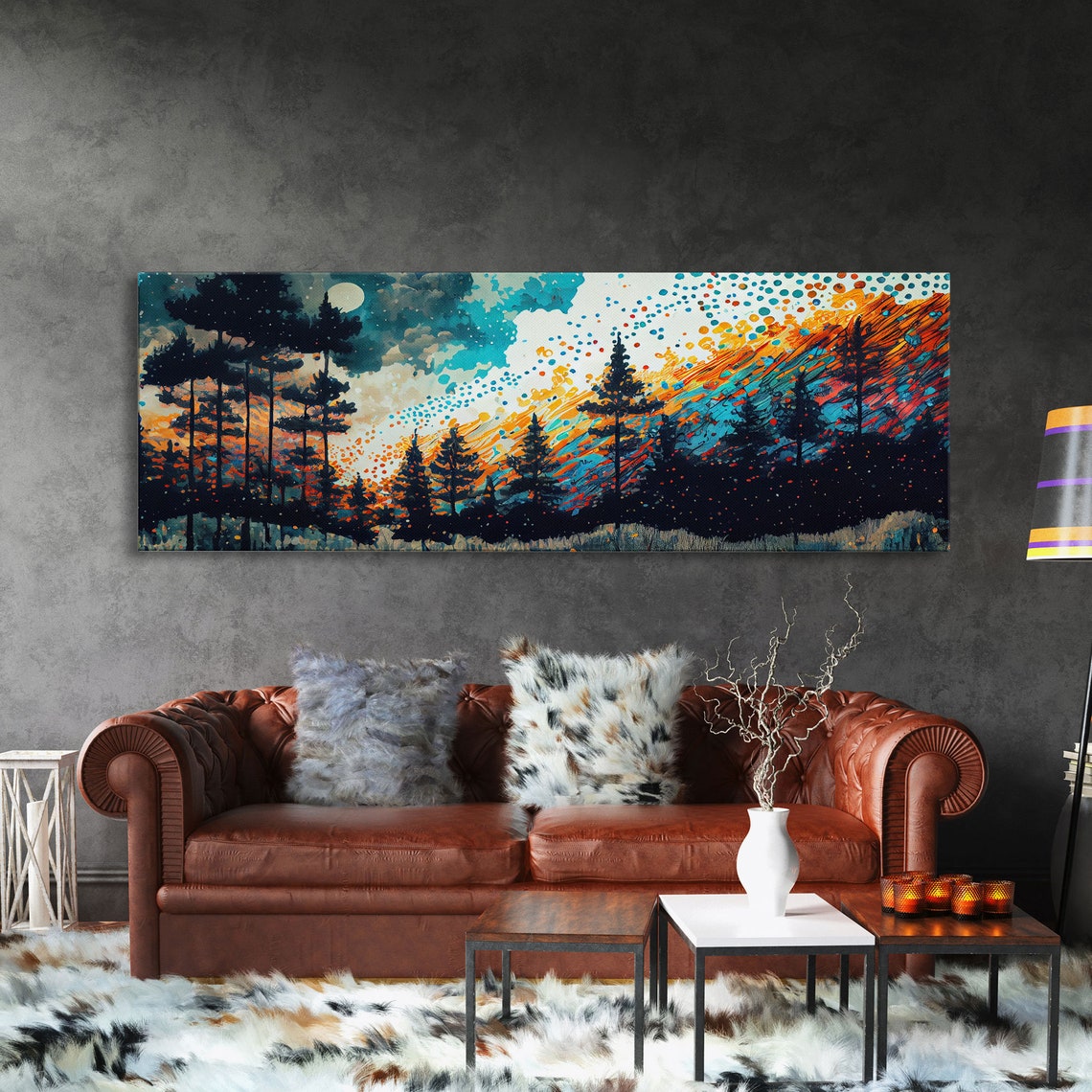 Colorful Forest Silhouette Starry Night Panoramic Landscape Art Poster - Image 3